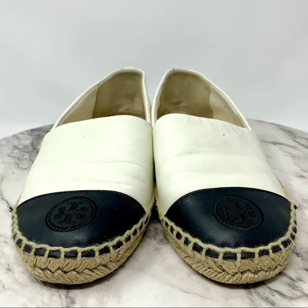 Tory Burch Color-Block Black/Cream Leather Espadrilles 6 Euro Summer Classic